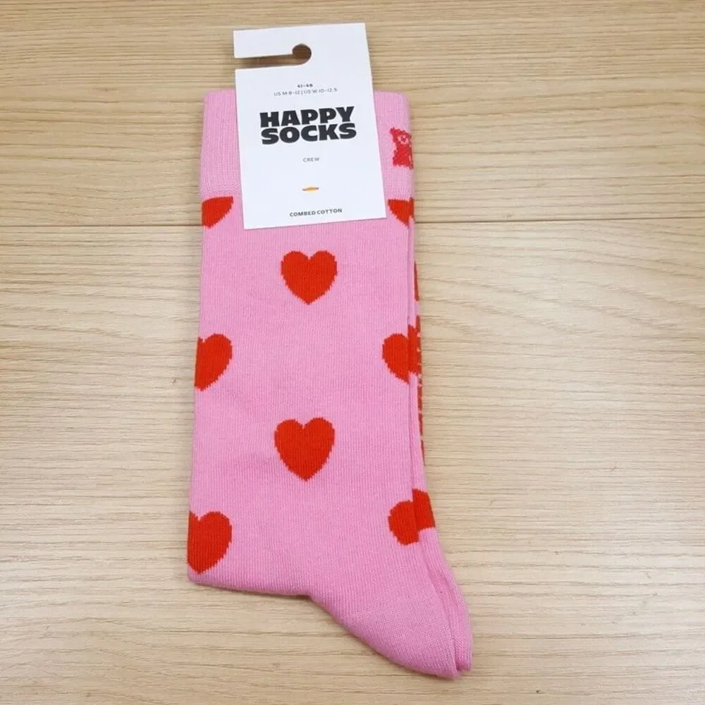 HAPPY SOCKS Crew Socks Pink Heart Combed Cotton Unisex M 8-12 W 10-12.5